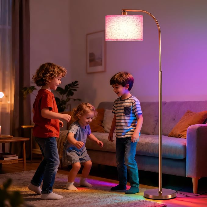 Floor Lamp for Living Room with Remote,Dimmable Tall Standing Lamps,Modern Gold Floor Light with Smart RGB Bulb,App Control,3 Color Temperatures,Fabric Shades,Floor Lamp for Bedroom Office Corner