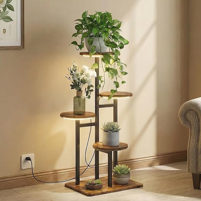 4 Tier Plant Stand Indoor with Grow Light for Multiple Plants | Corner Flower Stand, Vintage Multi-Layer Design, Sturdy Plant Shelf, Space-Saving, Ideal for Living Room Indoor Plant Display