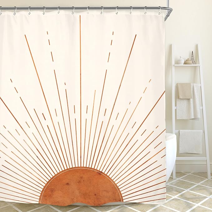 Miyotaa Rust Sun Abstract Shower Curtain Set 60Wx71H Inches Minimalist Mid Century Modern Vintage Aesthetic Sunrise Polyester Waterproof Bathroom Curtain with 12 Hooks