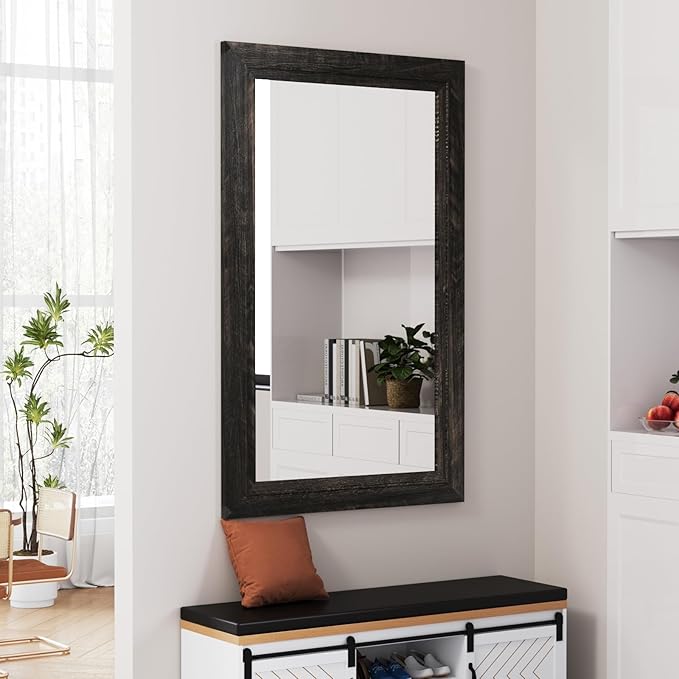 Rustic Wall-Mounted Vanity Mirror, Solid Wood Frame Bathroom Mirror, Farmhouse Style for Living Room, Bedroom, Entryway, Horizontal/Vertical Hanging