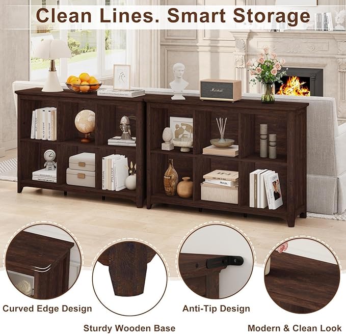 BON AUGURE 6 Cube Storage Bookcase, 43" Wide Horizontal Wooden Bookshelf, Floor Standing Low Book Shelf with Curved Edge for Living Room, Office - Brown Cherry