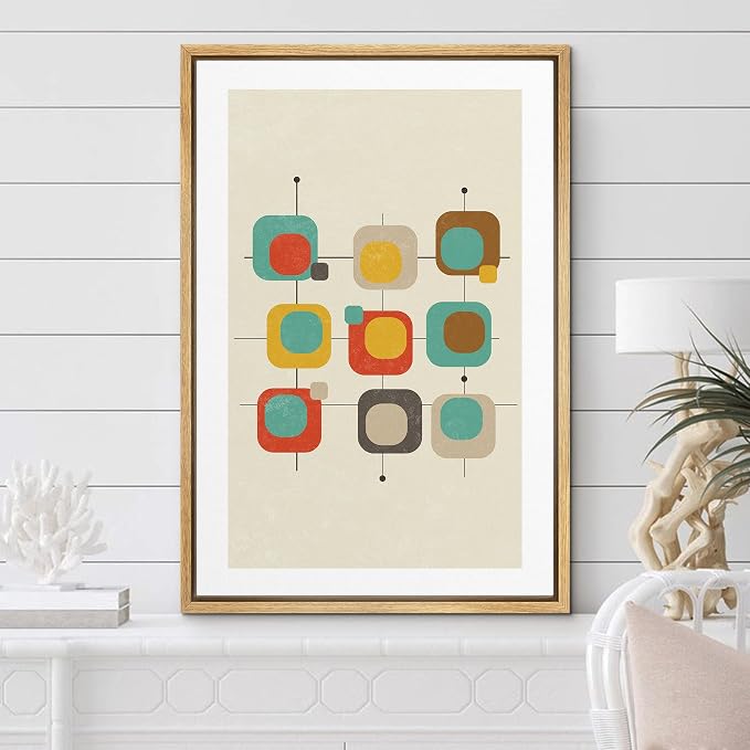 Woodrose Framed Canvas Print Wall Art Geometric 1960s Color Square Collage Abstract Shapes Illustrations Modern Minimalist Chic Multicolor for Living Room, Bedroom, Office - 24"x36" Natural