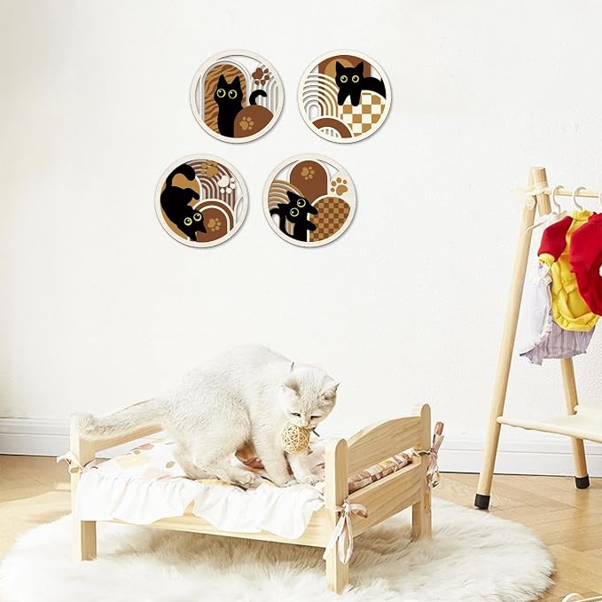 TOARTi 4PCS Boho Black Cat Wall Art Set, Minimalist Geometric Wooden Wall Decor,Abstract Bohemian Black Cats Hanging Sign, Farmhouse Cute Kitty Artwork for Bedroom Living Room Nursery Cat Lovers Gifts