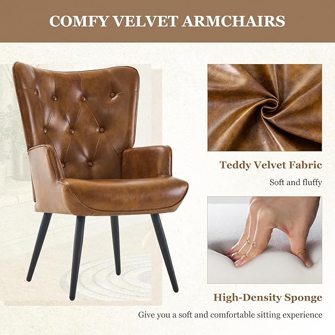 Furnimart Accent Chairs Set of 2, Brown PU Leather Reading Armchair with High Backrest, Wingback Corner Chair Mid Century Modern for Living Room, Bedroom, Waiting Room