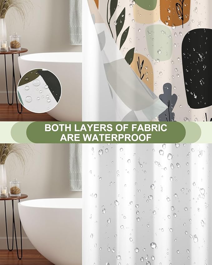 No Hook Shower Curtain and Snap in Liner Set - Modern Abstract Botanical Geometric Pattern Shower Curtains for Boho Mid-Century Bathroom, Waterproof Bath Tub Curtain with Mesh Top, 71Wx74H