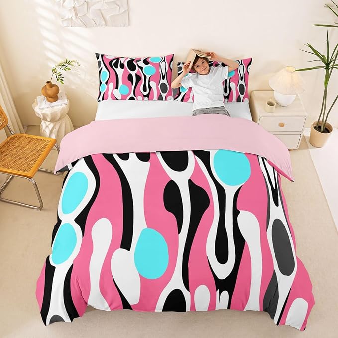 Mid Century Modern Abstract Duvet Cover Set Vintage Geometric Full Size Bedding Sets for Preteen Boys Girls Contemporary Organic Shapes Comforter Cover Squiggle Blob Bed Set,Pink Turquoise