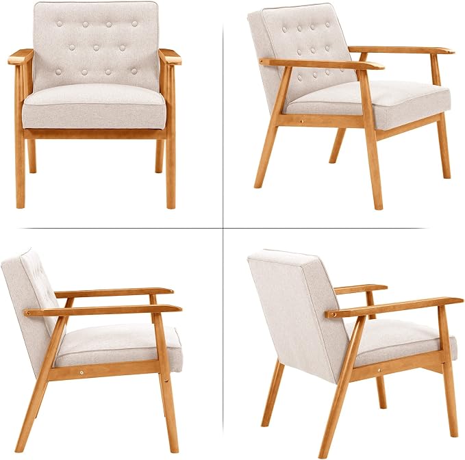 UNICOO® Mid-Century Retro Modern Accent Chairs, Solid Wood Armrest Lounge, Upholstered Mid Century Modern Chair, Walnut Finish with Innerspring Seat Cushion, Linen-Look Fabric(U205-Beige)