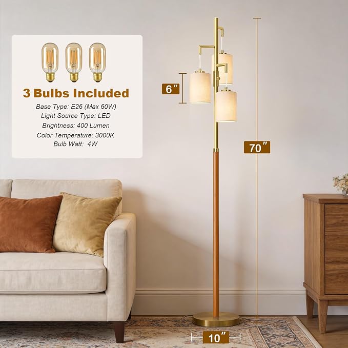 G-SAFAVA 70" Wood Floor Lamp Dimmable Floor Lamps for Living Room Bedroom Mid Century Modern Floor Lamp Gold Standing Lamp Tall Lamps for Office Nursery Reading Elegant Stand Up Lamp, 3 Bulbs Included