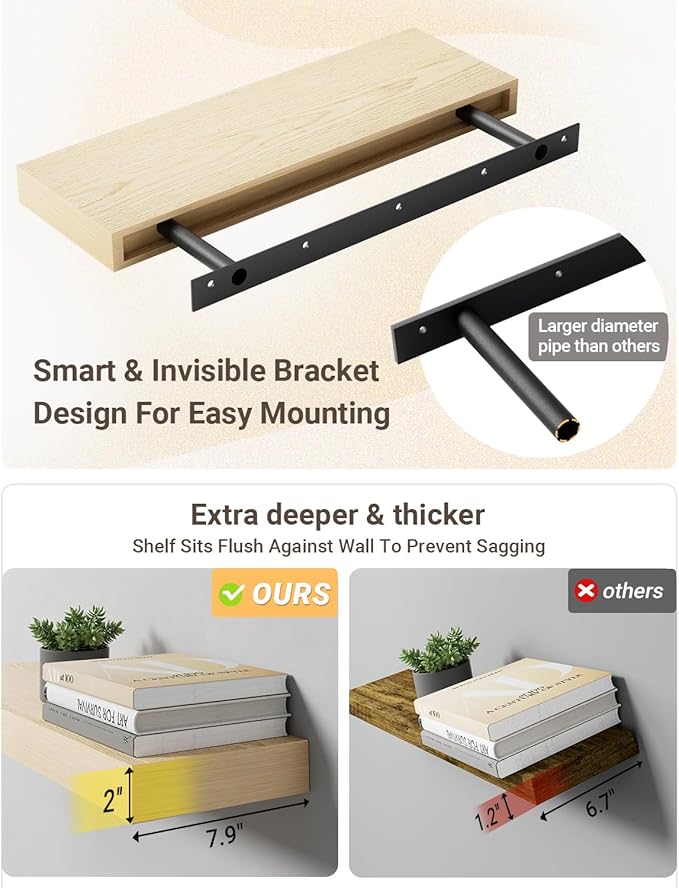 White Oak Floating Shelf for Wall, 2 Inch Thick Wood Floating Shelves Wall Mounted, 36" Long Shelves for Kitchen Bedroom Living Room,8" Deep Floating Book Shelves Set of 2, 50LB Capacity