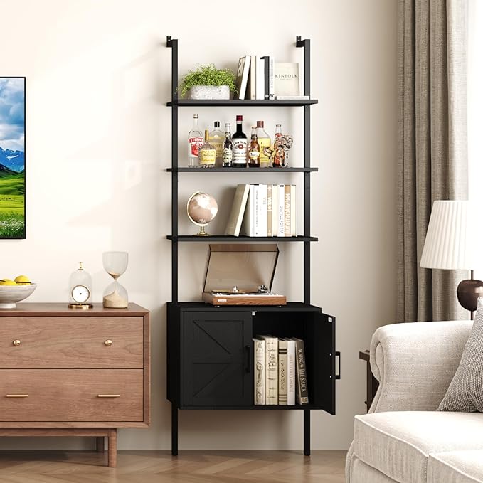 Yusong 73" Tall Bookshelf with Cabinet, Industrial Ladder Wall Mount Shelf Farmhouse Bookcase with Wood and Metal Frame, Plant Shelf Wall Storage Display for Living Room Bedroom, Farmhouse Black
