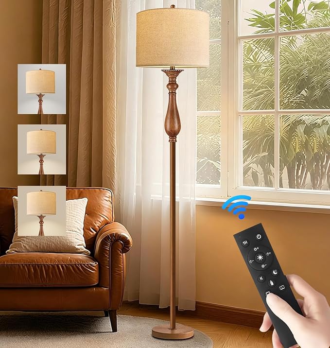 Wood Floor Lamps for Living Room Boho Farmhouse Floor Lamp with Remote Control & 3 Color Temperature,Dimmable Vintage Floor Lamp Mid Century Modern Standing Lamp Pole Tall Floor Lamp Bedroom Corner