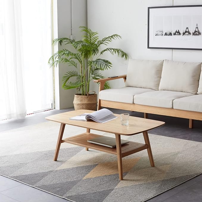 Mid Century Modern Coffee Table: 100% Solid Wood Coffee Table - 2-Tier Storage Design - Practical Coffee Tables for Living Room, Apartment, Easy Assembly (Natural, 47.24")