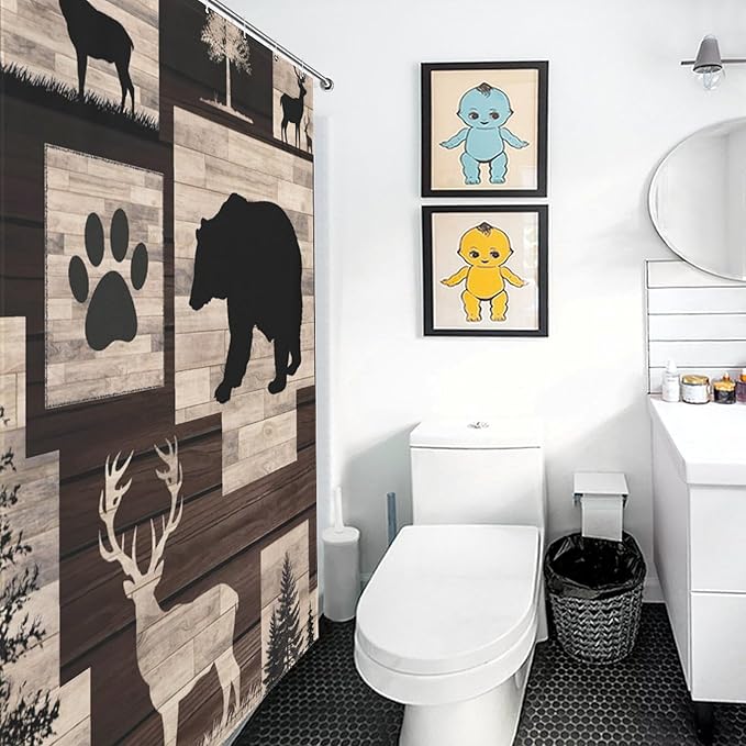 Rustic Cabin Bear Animals Shower Curtain Deer Forest Wildlife Wooden Country Lodge Hunting Camping Animal Waterproof Shower Curtains for Bathroom Decor 12 Pack Hooks 72x72in (183x183cm)