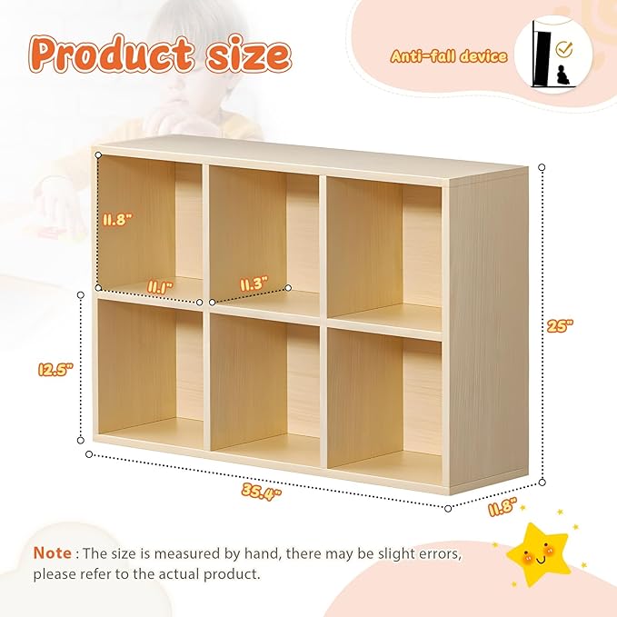 6 Cube Storage Organizer, Cubby Storage Organizer, Cube Shelf with Back Plate, Wooden Kids Bookcase for Toy, Solid Wood Cube Storage for Living Room/Bedroom/Hallway/School, Easy to Install