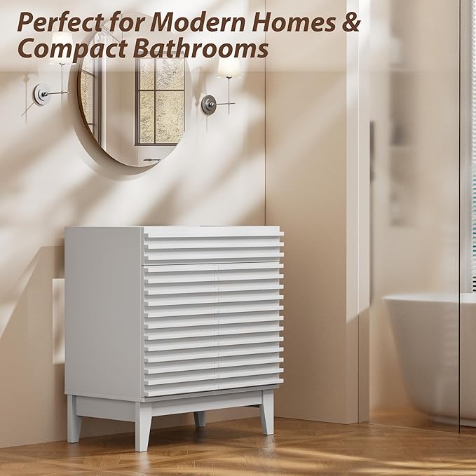APRILSOUL 30" Bathroom Vanity, Mid-Century Bathroom Vanity Cabinet with 2 Soft Closing Doors, Freestanding Bathroom Cabinet, Particleboard Frame with Wood Grain Laminate, White (Sink Not Included)