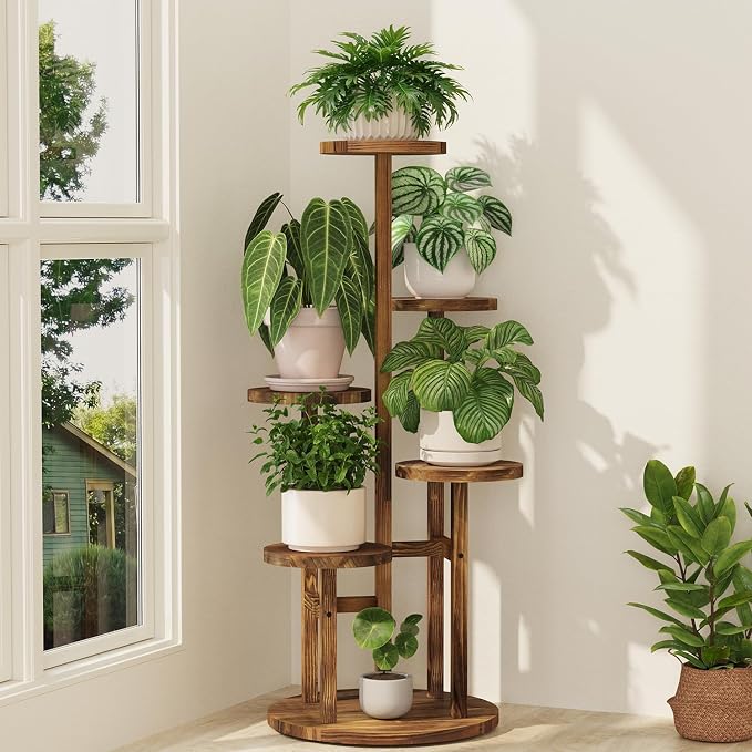 iDavosic.ly 5 Tier Plant Stand Indoor, Tiered Corner Wood Multiple Flower Holder Shelf, Tall Orchid Display Rack for Patio Porch Living Room Balcony Outdoor, Brown