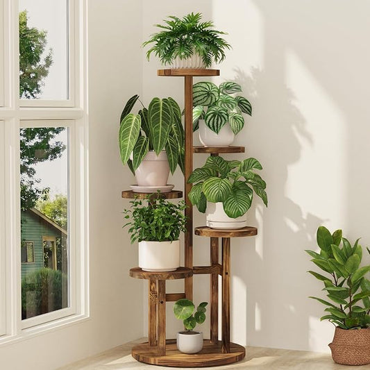iDavosic.ly 5 Tier Plant Stand Indoor, Tiered Corner Wood Multiple Flower Holder Shelf, Tall Orchid Display Rack for Patio Porch Living Room Balcony Outdoor, Brown