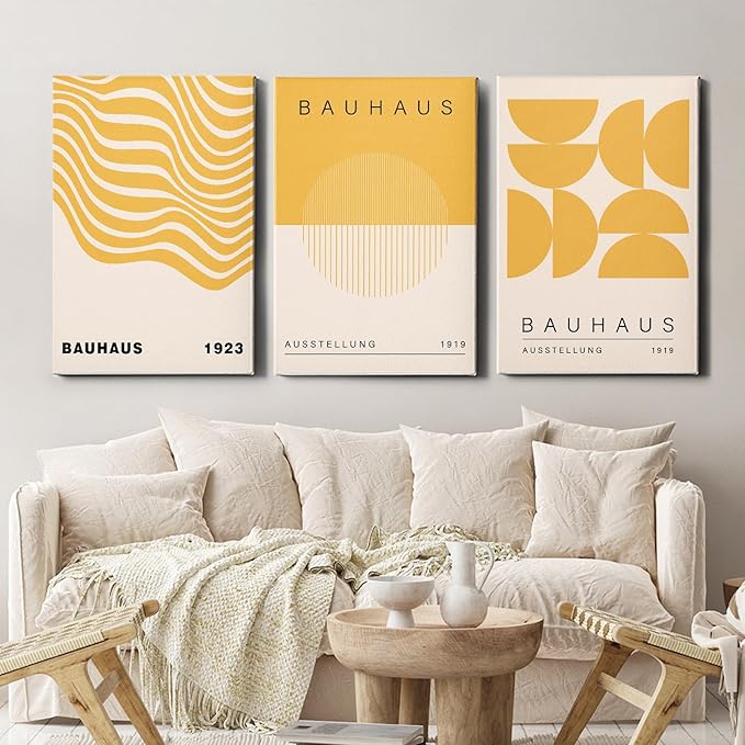 Geometric Line Wall Art Abstract Shape Prints Bauhaus 1923 Poster Beige and Yellow Wall Art Mid Century Modern Artwork Bauhaus Exhibition Poster Boho Modern Pictures for Home 16x24inch Wood Framed