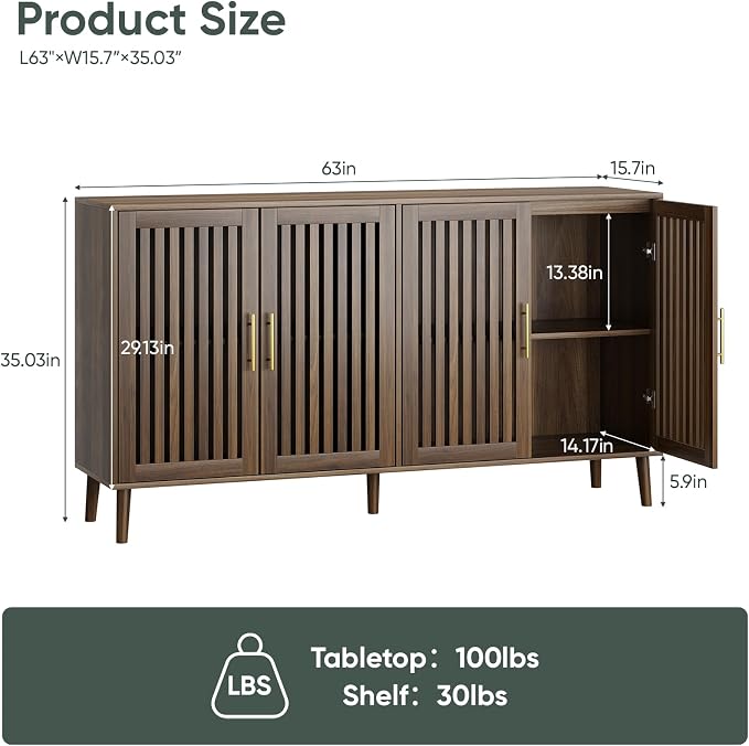 Smart FENDEE 63" Long Sideboard Buffet with 4 Slatted Doors, Farmhouse Buffet Storage Cabinet with Adjustable Shelf, Coffee Bar Cabinet for Entryway, Kitchen, Dining Room, Living Room, Walnut Color