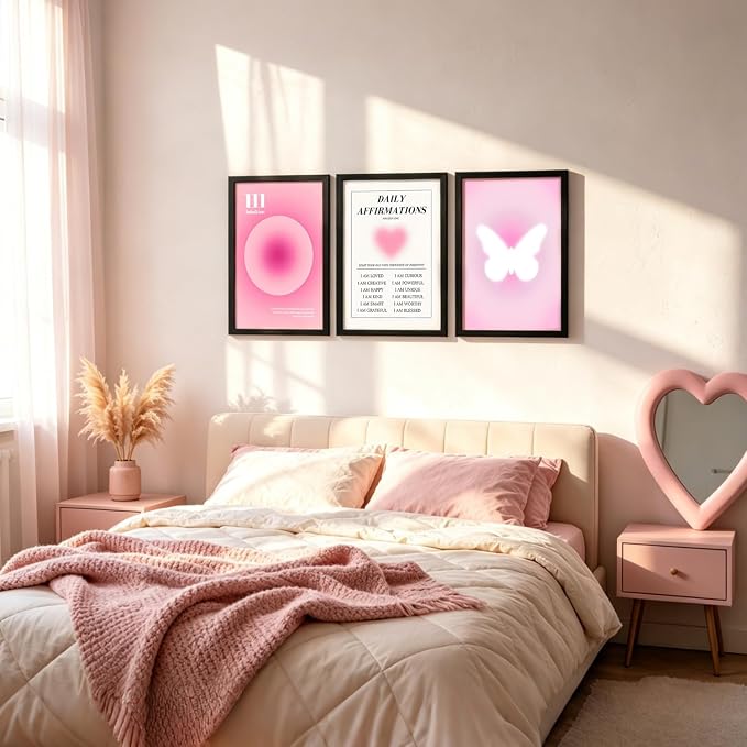 LIANGSU Black Framed Angel Number Affirmations Wall Art Pink Aura Gradient Butterfly Canvas Prints Boho Spiritual Positive Energy Wall Picture for Bedroom Living Room Office 12x16 Inch