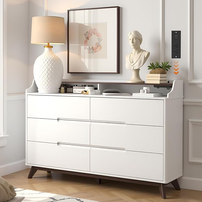 Dresser for Bedroom with 6 Drawers, 55" Large Dresser & Chest of Drawers with Charging Station, Wood Closet Clothes Storage Long Dressers Organizer for Bedroom Living Room Hallway, White