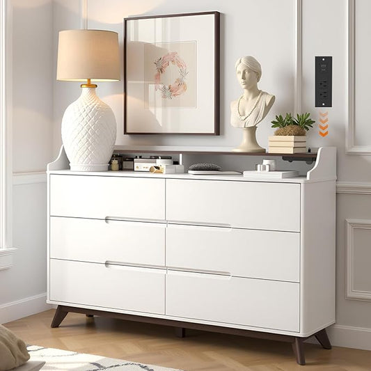 Dresser for Bedroom with 6 Drawers, 55" Large Dresser & Chest of Drawers with Charging Station, Wood Closet Clothes Storage Long Dressers Organizer for Bedroom Living Room Hallway, White