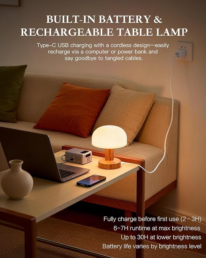 Cordless Mushroom Table Lamp,Mid-Century Modern Rechargeable Battery Operated Bedside Lamp,3 Color Modes & Stepless Dimming,Metal Base with Wood Grain Finish for Nightstand,Living Room,Cafe
