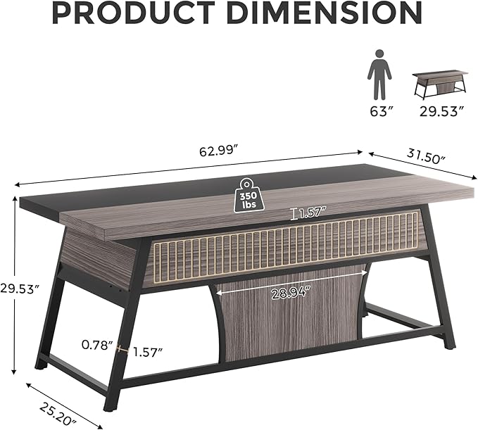 63-inch Executive Desk with Storage Shelf, Large Home Office Desk with Metal Frame & LED Light, Long Computer Desks for Home Office, Gray and Black