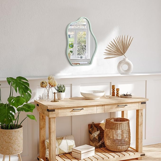 Asymmetrical Cloud Mirror for Wall Modern Wooden Framed Wall Mirror Unique Shape Wall Mounted Vanity Artistic Wavy Mirrors Decorative for Living Room Bedroom Bathroom Entryway