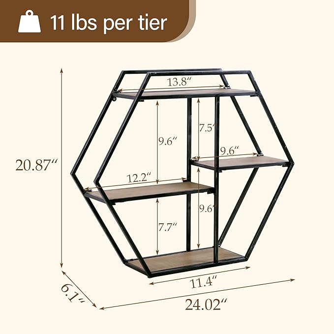 Industrial Style Hexagon-Shaped Wall Shelves, 3 Tier Decorative Floating Ledge Shelves, Wall Mounted Metal Bracket Wooden Display Hanging Shelf