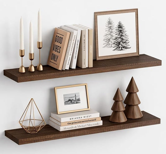 Walnut Brown Floating Shelves 36 Inch 2-Pack, Large Wooden Wall Shelves for Living Room Decor, Long Deep Hanging Shelves for Bedroom Kitchen Bathroom Office Books Pictures (Dark Wood)