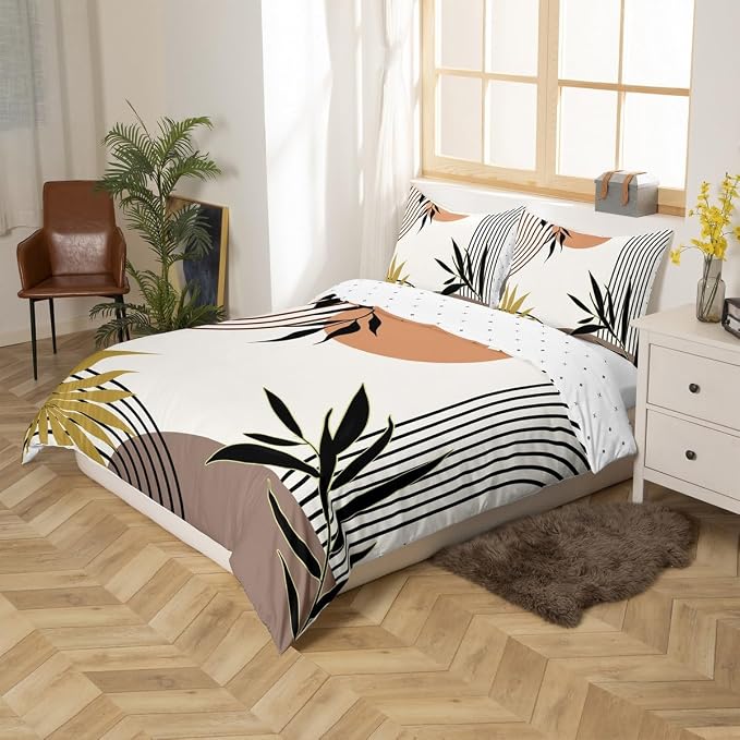 Erosebridal Mid Century Bohemian Duvet Cover Queen for Kids Teens Adults,Abstract Geometric Comforter Cover,Botanical Plant Leaves Bedding Set,Khaki Brown Black Bed Set 3 Pcs Bedroom Decor