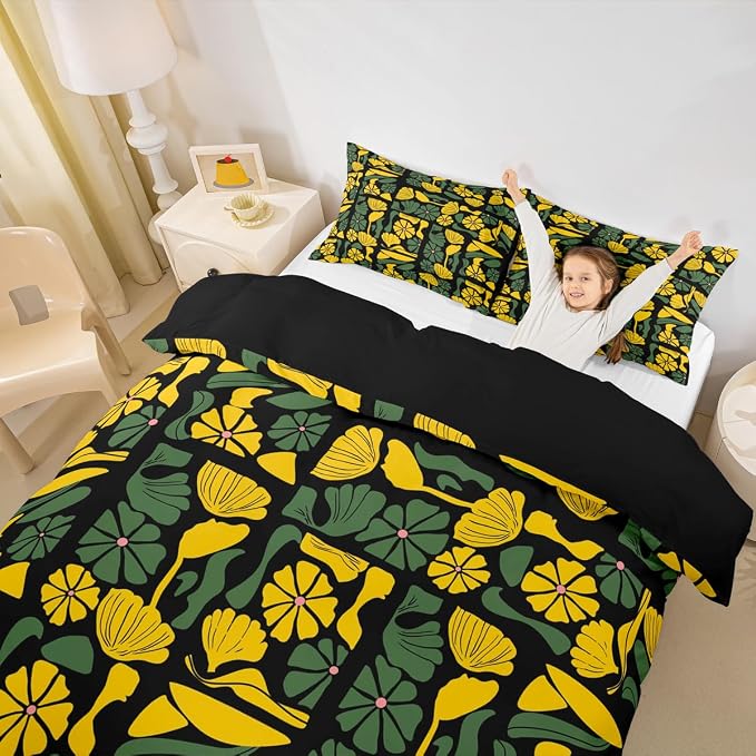 Erosebridal Boho Abstract Floral Toddler Duvet Cover Vintage Patchwork Yellow Green Plant Bedding Set Mid Century Modern Abstract Geometric Comforter Cover for Kids Adults,Botanical Flowers Bed Set