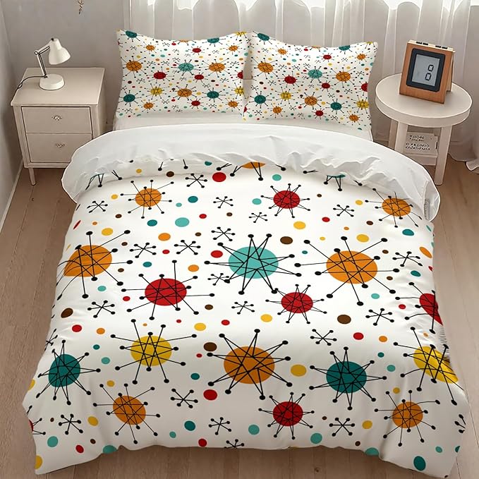 Mid Century Bedding Set,Modern Geometric Atomic Abstract Iconic Pattern 1950s 1960s Retro Style Comforter Set with Pillowcase for Bedroom Bed Decor,Queen 90"x90"