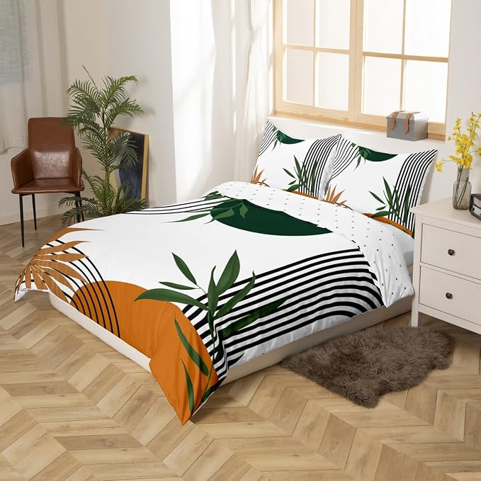 Erosebridal Mid Century Green Comforter Cover King for Kids Teens Adults,Abstract Modern Sun Duvet Cover,Minimalist Aesthetic Bedding Set,Geometric Leaves Bed Set 3 Pcs Bedroom Decor