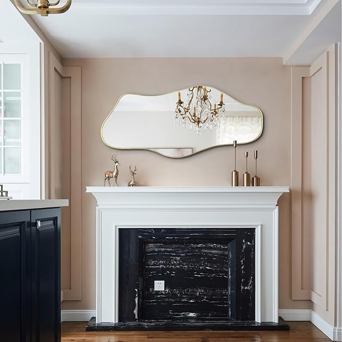Irregular Mirror, Asymmetrical Frameless Mirrors, 40"x17.7" Gold Abstract Wall Mirror Decorative, Modern Cloud Shaped Mirrors for Living Room Bathroom Bedroom Hallway Entryway Fireplace