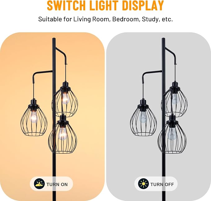 Industrial Floor Lamps for Living Room, 3 Lights Farmhouse Tree Floor Lamp, 70'' Tall Pole Standing Lamp with 3 Elegant Teardrop Cage Shades, Vintage Corner Reading Light for Bedroom Office