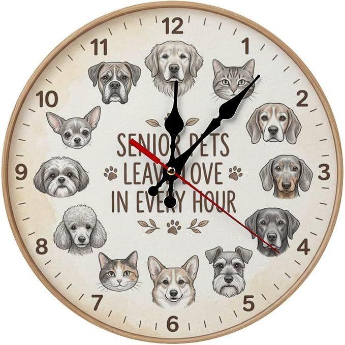 Adorable Pet Breeds Art Wooden Wall Clock Silent Non Ticking for Living Room Bedroom Kitchen Office | Cute Animal Lover Home Decor Gift, Battery Operated 10/12 Inch Frameless
