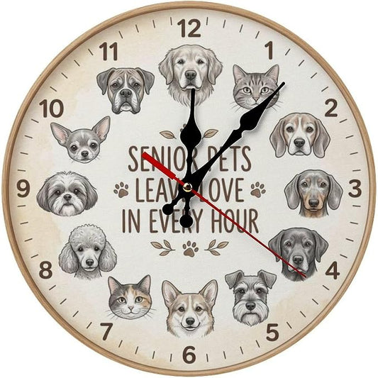 Adorable Pet Breeds Art Wooden Wall Clock Silent Non Ticking for Living Room Bedroom Kitchen Office | Cute Animal Lover Home Decor Gift, Battery Operated 10/12 Inch Frameless