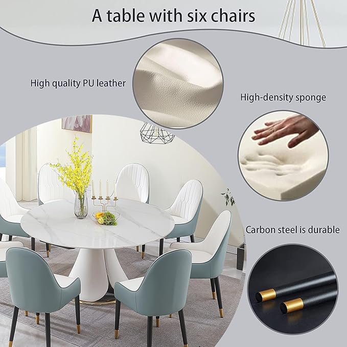 59'' Round Marble Dining Table Set for 6-8, Multi-Functional Retractable Kitchen Table, Dining Room Table Set Petal Pu Leather & Metal Base (1 Table and 6 Blue Chairs)
