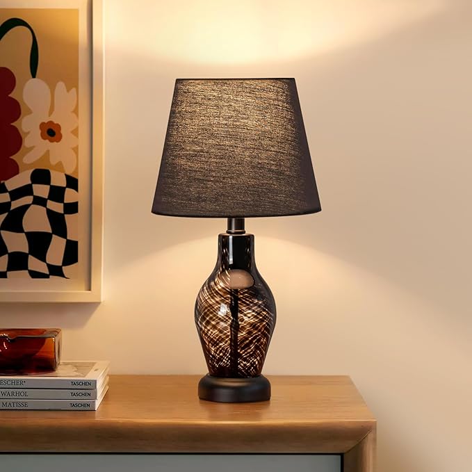 ONEWISH Bedside Table Lamp, 14 inch Glass Lamp for Living Room, Wine Bottle Shape Body, Bulb Included, Warm Ambient Lighting, Gift for Christmas New Year, Black