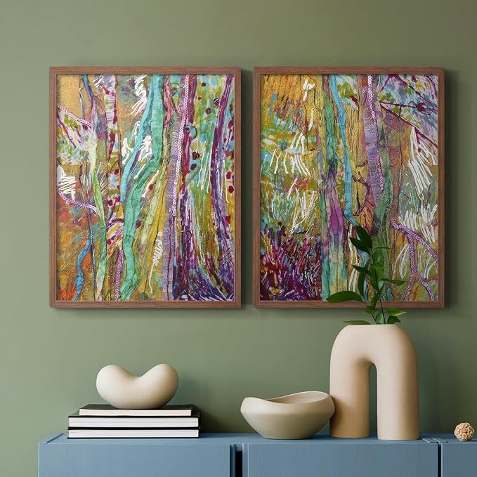 Renditions Gallery Set of 2 Peel & Stick Framed Prints, Modern Abstract Wall Art, Colorful Artistic Painting Wall Decor, Re-Stickable - Ready to Hang - 11"x14" - Walnut Frame LT588
