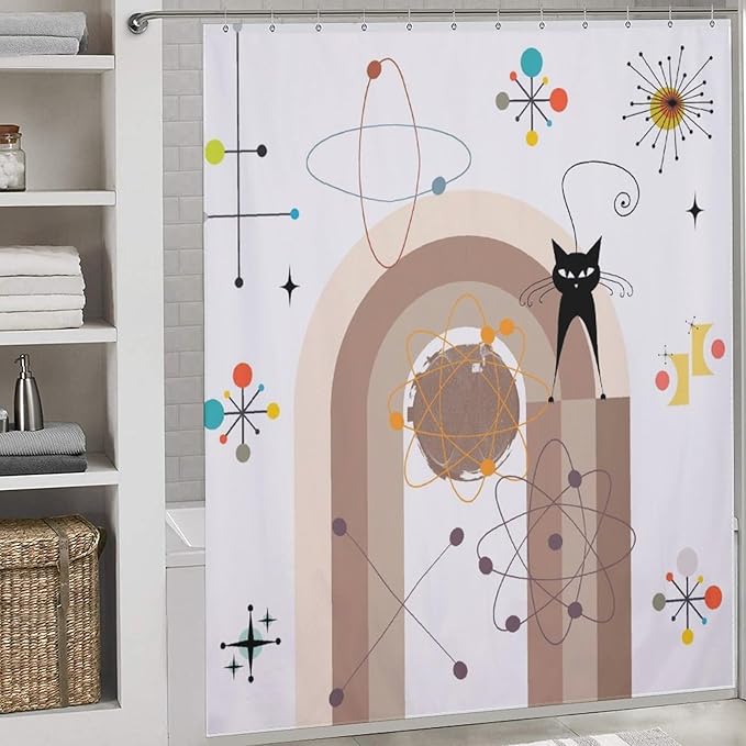 Atomic Cat Shower Curtain,Mid Century Modern Funny Black Cat Geometric Arched Abstract Modern Art Minimalist Boho Bathroom Curtain Polyester Waterproof Fabric Decor 72x72in（183x183cm）