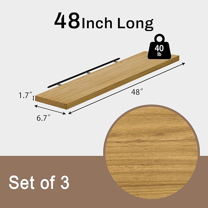 Floating Shelves - 48 Inch Long Premium Solid Wood Wall Shelves, Set of 3, Rustic Brown Modern Wall Mounted Shelves for Living Room, Bedroom, and Kitchen