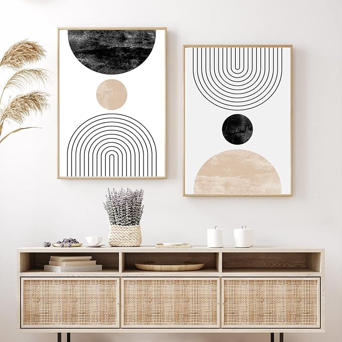 Mid Century Modern Wall Art Prints Set of 2, Neutral Abstract Geometric Wall Art Boho Canvas Prints Mid Century Eoind Wall Decor Modern Abstract Pictures Artwork for Home Room 12x16 Inch Unframed