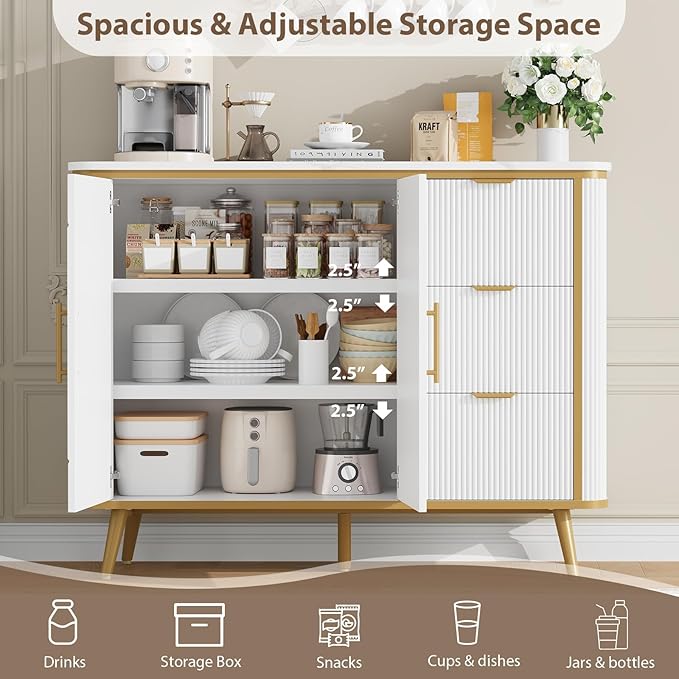 47.3" Modern Buffet Cabinet with Storage, Kitchen Sideboard Buffet with 2 Door & 3 Drawers, Fluted Caffee Bar Storage Cabinet for Dining Room, Living Room, Entryway, White