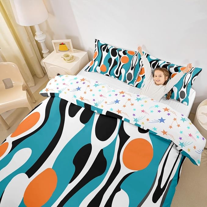 Erosebridal Mid Century Modern Abstract Duvet Cover Set Vintage Geometric Full Size Bedding Sets for Toddler Boys Contemporary Organic Shapes Comforter Cover Squiggle Blob Bed Set,Teal Orange
