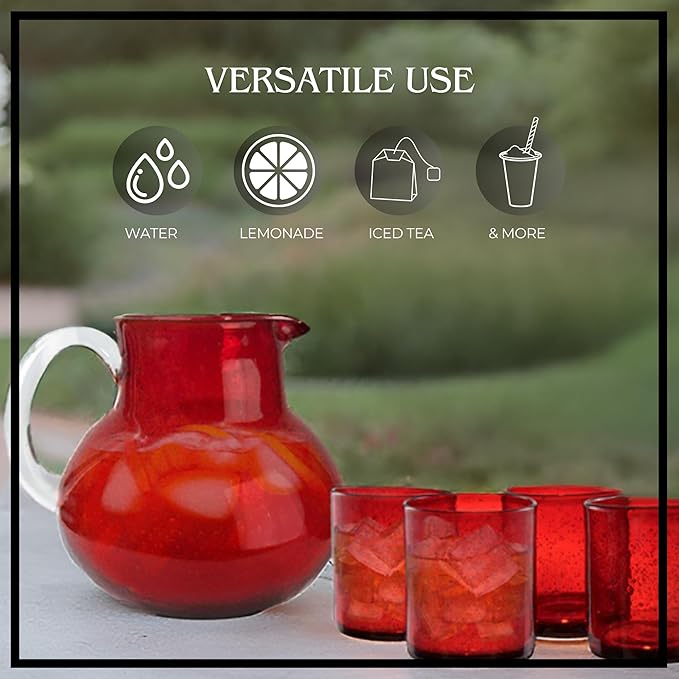 ARTLAND Iris 90oz Hand Blown Pitcher & Double Old Fashion 14oz Glasses (Set of 4) - Lead-Free Bubble Shape Glassware for Stylish Serving and Dining - Kitchen Essential & Table Decor (Ruby)