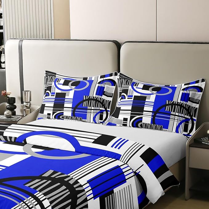Art Deco Mid Century Duvet Cover Set Retro Modern Abstract Geometric 100% Cotton Comforter Cover Black and White Navy Blue Circles Stripes Twin Bedding Sets for Girls, Contemporary Bed Set