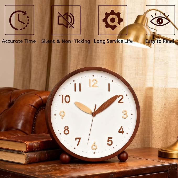 Maxspace Wooden Table Clock,8in Silent Non-Ticking Desk Clock,Battery Operated Desktop Analog Clock for Living Room Bedroom Kitchen Office Classroom Decor (Walnut - Double Wood Font)